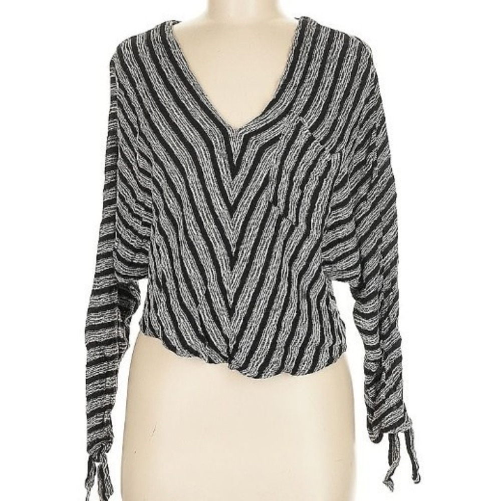 Free People‎ Striped Long Sleeve Top V Neck Blouse Tie Hem Women's Boho Casual